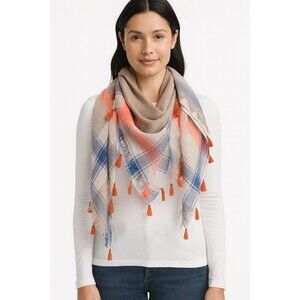 Vince Camuto Border Red Jacquard Scarf Wrap Shawl Tassel Trim Dazzling Blue